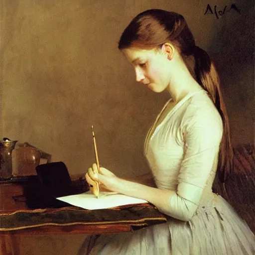 Prompt: a teenage girl with a ponytail is writing a letter with a golden feather pen, by anders zorn, oil painting