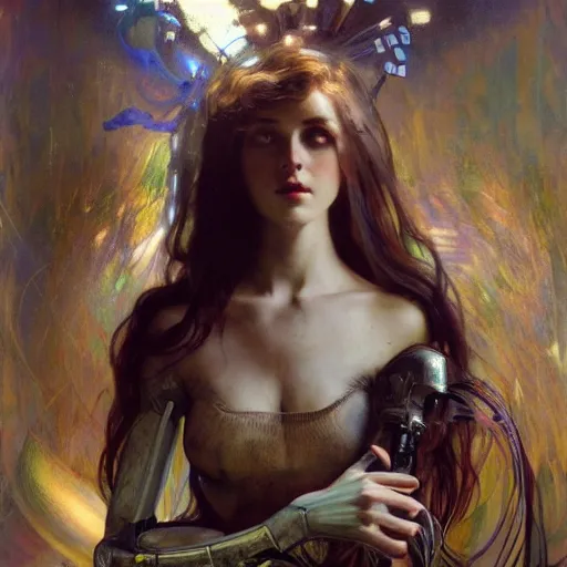 Image similar to hyperrealist portrait of a pretty young gynoid with large eyes and long hair standing in front of a computer simulation by jeremy mann and alphonse mucha, fantasy art, photo realistic, dynamic lighting, artstation, poster, volumetric lighting, very detailed faces, award winning