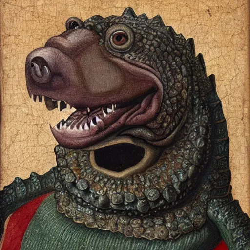 Prompt: a renaissance style portrait painting of Crocodile Bear hybrid