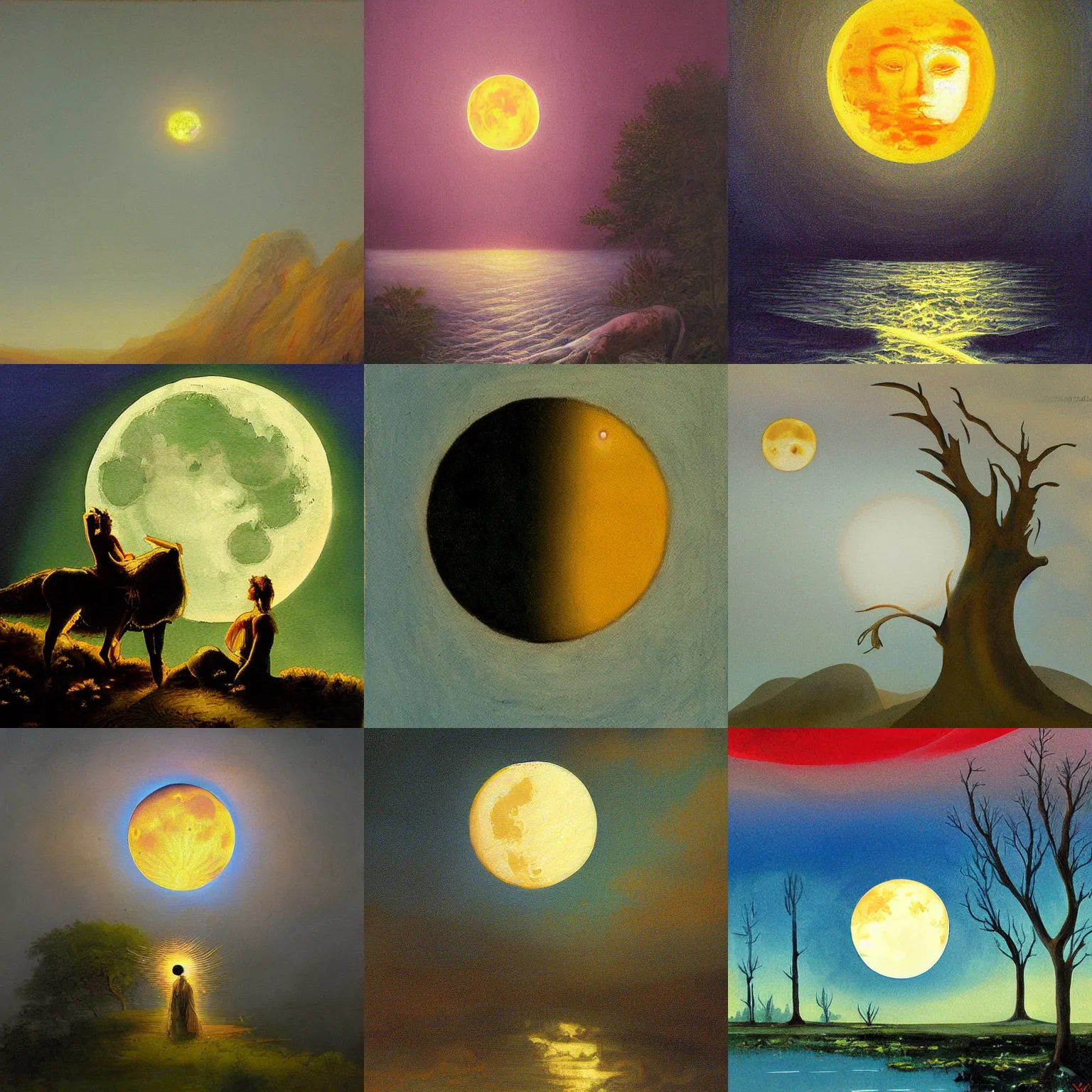 Prompt: Sun killing Moon on the morning, myth illustration, mystical realism, painting