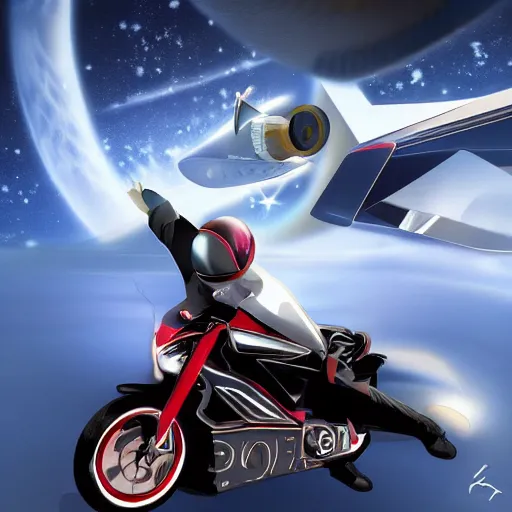 Image similar to elon musk riding motorcycle in space, digital art