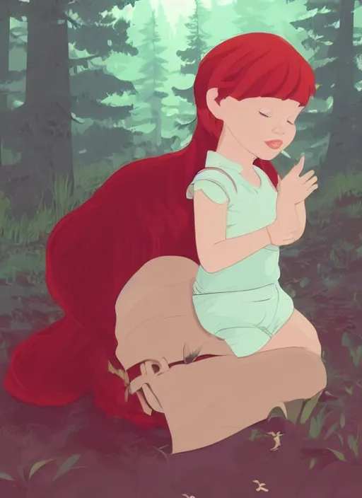 Prompt: a toddler with red hair sits peacefully in a misty forest. clear detailed face. clean cel shaded vector art. shutterstock. behance hd by lois van baarle, artgerm, helen huang, by makoto shinkai and ilya kuvshinov, rossdraws, illustration, art by ilya kuvshinov