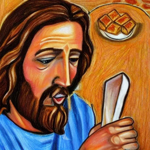 Image similar to photo realistic portrait of jesus eating toast, made with crayons