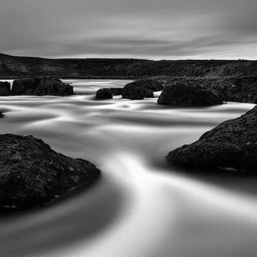 Image similar to minimalist black and white photograph of an icelandic valley, time exposure, of a river, sharp tall pillars, sharp rocks,