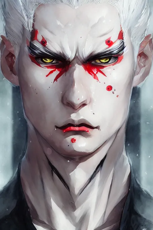 Prompt: Portrait of a young, evil anime villain with white hair and red eyes, full of details, watercolor painting, concept art, smooth, by Ina Wong and wlop ，trending on cgsociety and artstation，8kHDR，light effect