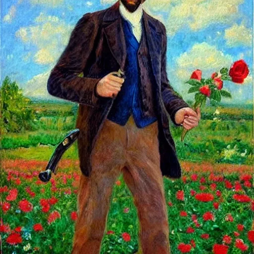 Image similar to an impressionist painting of a tall man with blue eyes and brown hair that is wearing a wide brim leather hat and a leather vest. He is holding a revolver in his left hand and a ((((red rose is in his right hand))))!!!!!!!!!!!, He is standing in a field of roses, Blue sky in the background, trending on artstation