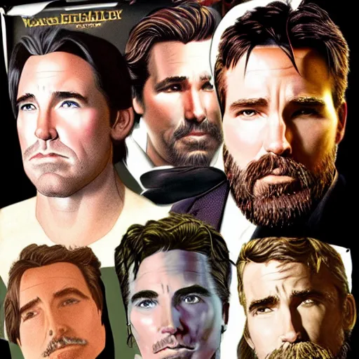 Prompt: Val Kilmer, George Clooney, Christian Bale, Ben Affleck, Robert Pattinson pre-raphaelite portrait, artgerm JSC, J. Scott Campbell