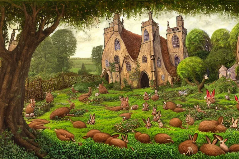 Image similar to an elaborate and dense painting of redwall abbey in mossflower wood with lots of mice and rabbits and otters walking around, detailed by brian jacques