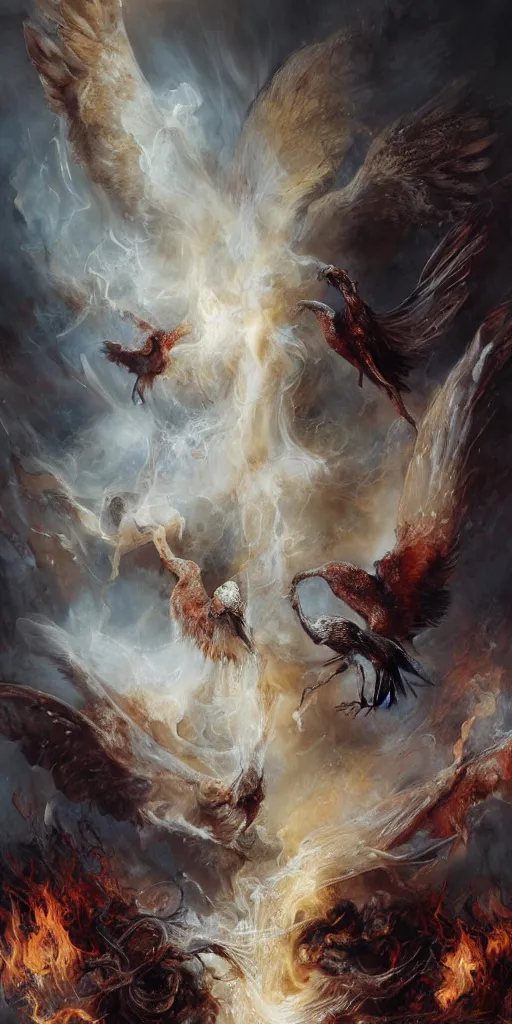 Prompt: breathtaking soft painting of numerous birds with silk veil outside of a cathedral in flames, by guillermo lorca and peter mohrbacher, white milk splash in bleeding meat and flesh, dynamic movement, intricate bones and meat, rembrandt style, elegant, highly detailed, artstation, concept art, fantasy art, sharp focus, art by luis royo