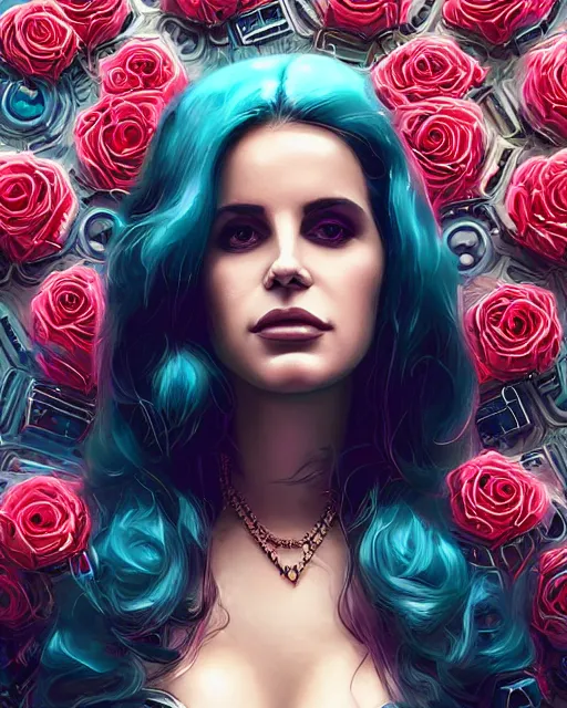 Image similar to portrait of lana del rey as a cyberpunk cyborg. sci - fi intricate abstract upper body intricate artwork, roses, rose petals by tooth wu, wlop, beeple, dan mumford. concept art, octane render, trending on artstation, greg rutkowski, asymmetrical, cinematic arthouse, key art, hyper realism, iridescent accents