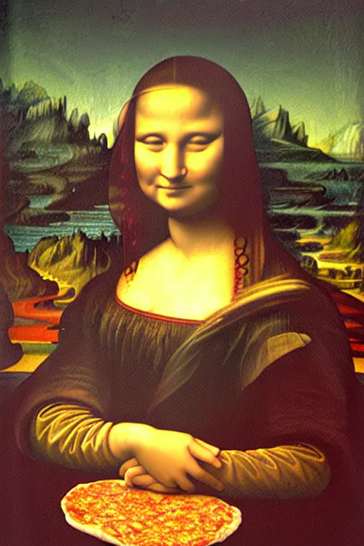 Prompt: ambient light, leonardo painting of a woman holding a slice of pizza in her hands, the slice of pizza is held in mid air, near her face, in the artistic style of mona lisa