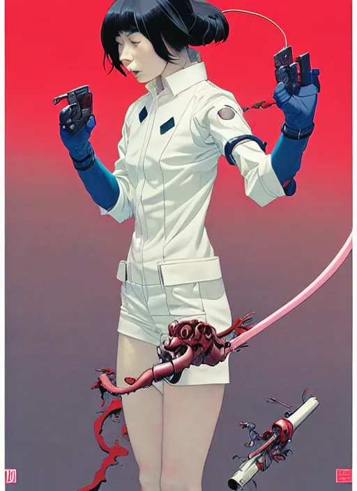 Image similar to Artwork by James Jean and Phil noto and hiyao Miyazaki; a young Japanese future police lady named Yoshimi battles an evil natures carnivorous robot on the streets of Tokyo; Art work by Phil noto and James Jean