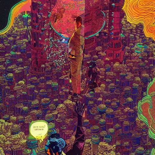 Image similar to invincible man show hyperviolent detailed maximalist hyperrealism psychedelic by victo ngai and moebius