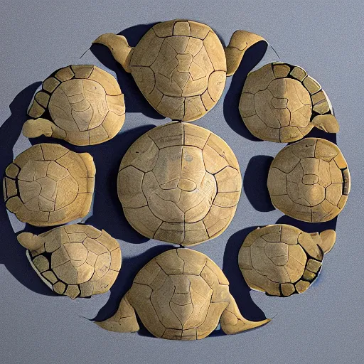 Prompt: a stack of turtles beneath a round disc map, ( ( ( ( pile of turtles ) ) ) )