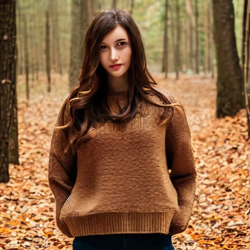 Prompt: real life photo of a beautiful girl, full body photoshoot, long brown hair, brown eyes, full round face, short smile, belly free dark brown sweater, forest setting, cinematic lightning, medium shot, mid - shot, highly detailed, trending on artstation, unreal engine 4 k, 8 0 mm, 8 5 mm, cinematic wallpaper