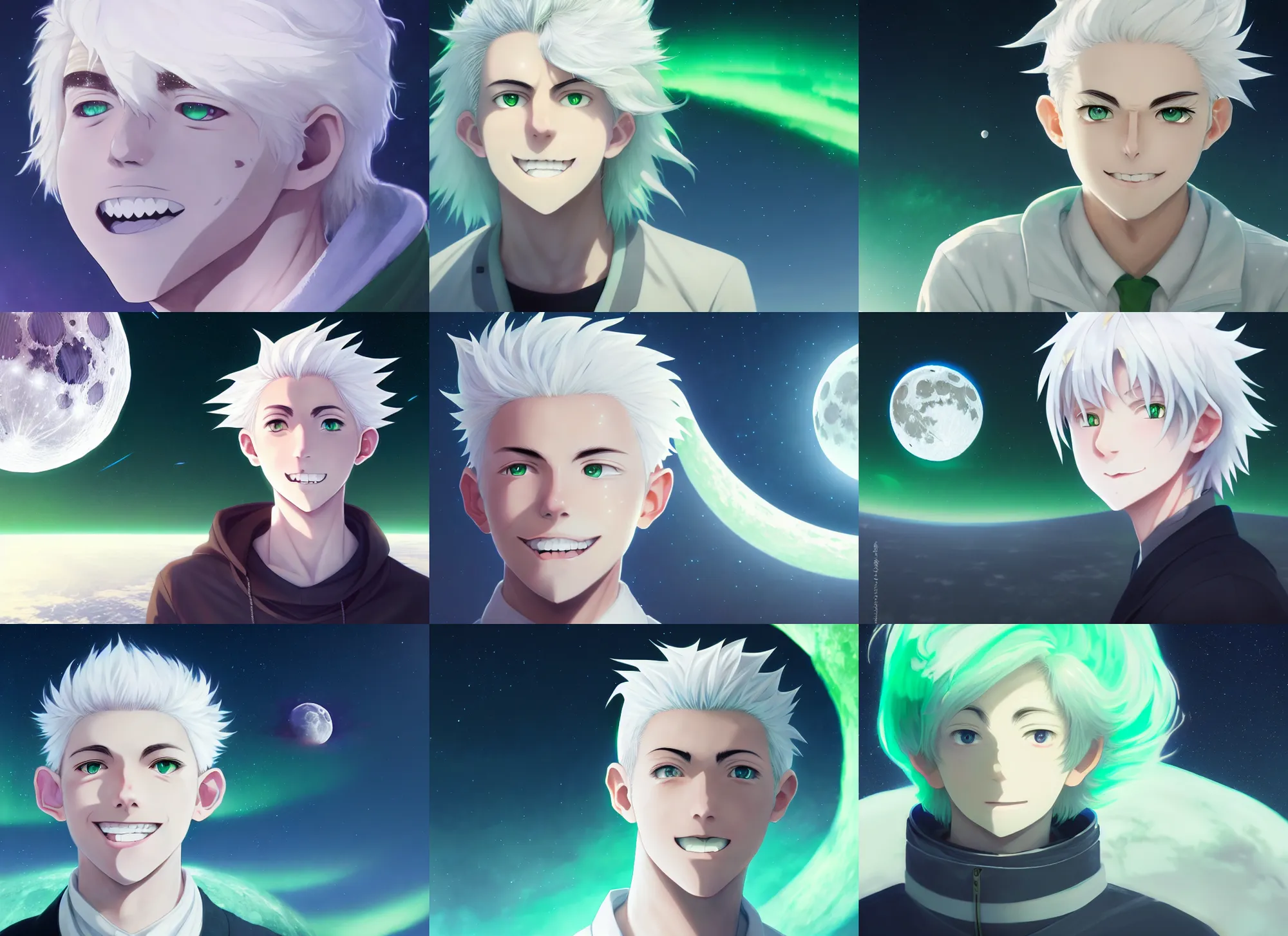 Prompt: white haired young guy with green eyes on the moon, aurora, smiling, stunning anime portrait, symmetry, realism, octane engine, makoto shinkai, genshin impact, art, long shot, fisheye