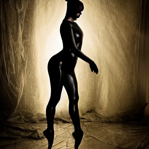 Prompt: two beautiful female body silhouette, beautiful acrylic fluid portrait, photography by amy leibowitz and filip fedorov, black latex female balaclava, female calendar, ballerina body covered with black wings, old victorian room with candles, close up portrait, cinematic still, film still, magic hour, dark shadows, fashion portrait, cold colors, long exposure,