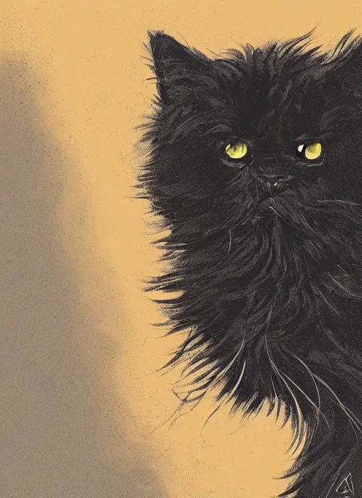 Prompt: concept portrait of black persian cat staring contemptuously at people, artstation, art by petros afshar, tom whalen, laurie greasley and greg rutkowski and ilya kuvshinov