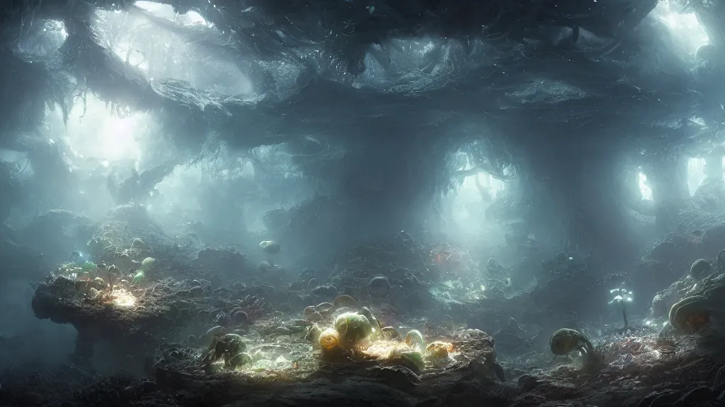 Prompt: fungus mined by the deep dwellers, andreas achenbach, artgerm, mikko lagerstedt, zack snyder, tokujin yoshioka