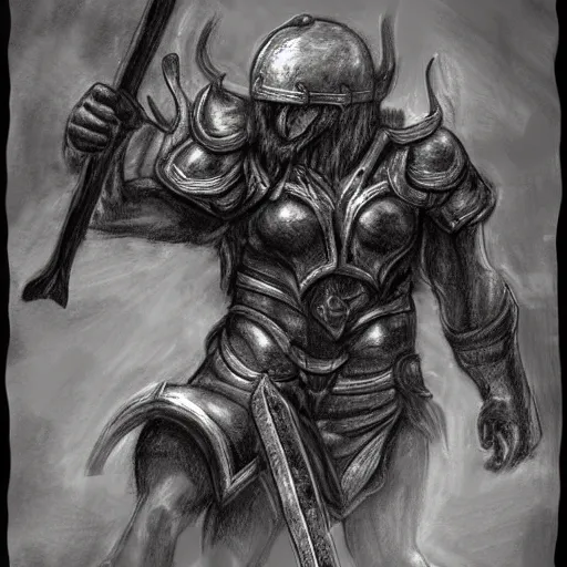 Image similar to detailed fantasy drawing, black furred Minotaur carrying a battle-ax in half plate armor, concept art