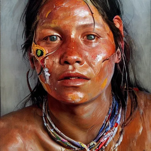 Image similar to high quality high detail painting by jenny saville, hd, full body of a indigenous tribe leader, photorealistic lighting