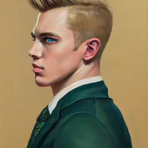 Image similar to A beautiful painting of a young man, blonde, wearing a suit, oil painting, green eyes, gloomy lighting, hyper detailed, trending on artstation