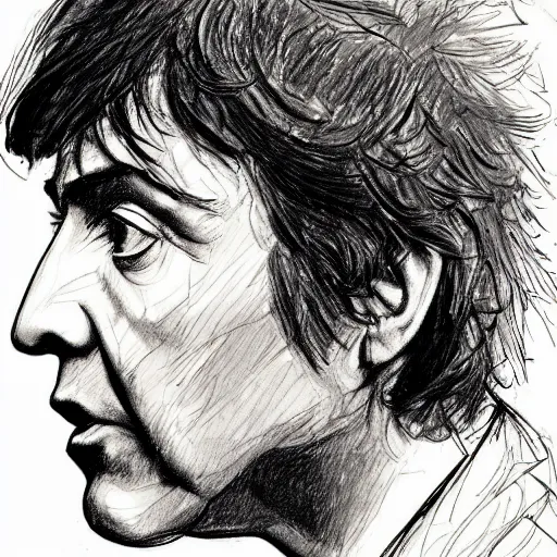 Image similar to a realistic yet scraggly portrait sketch of the side profile of a stern and sophisticated young paul mccartney, trending on artstation, intricate details, in the style of frank auerbach, in the style of sergio aragones, in the style of martin ansin, in the style of david aja, in the style of mattias adolfsson