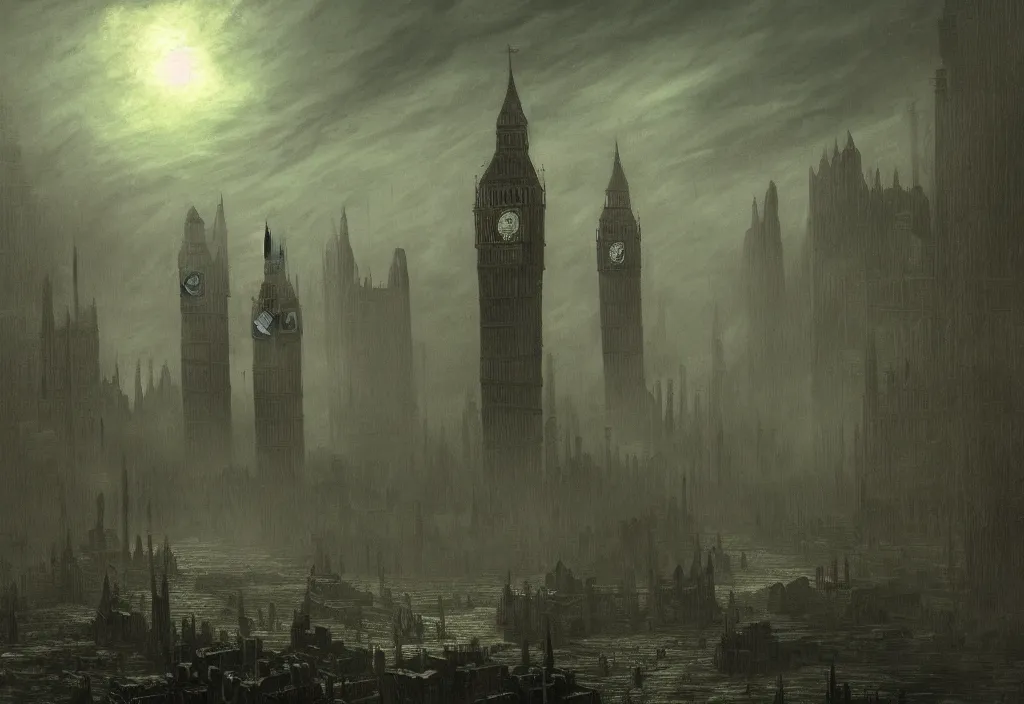 Image similar to cthulhu attacks london with tentacles in green mist by carl gustav carus, clocktower, steampunk, digital art, 4k, trending on artstation, highly detailed