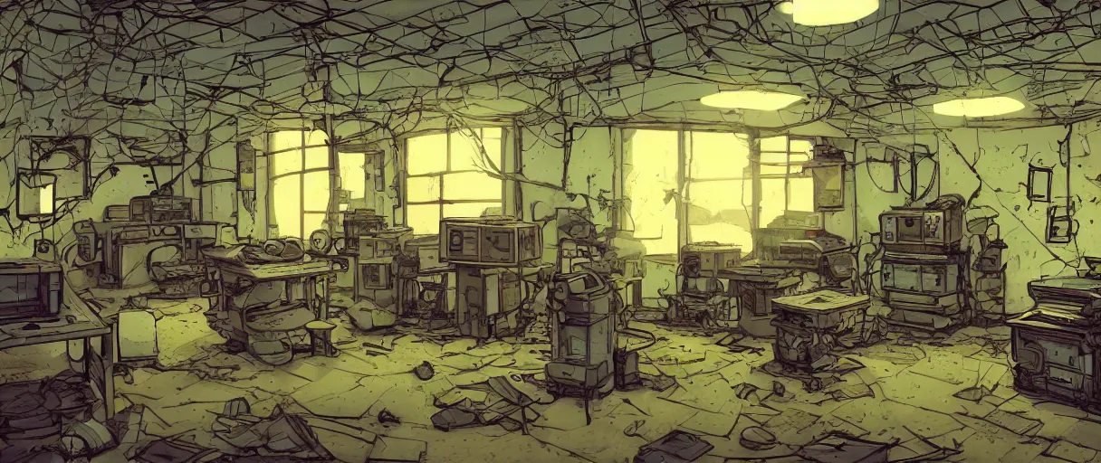 Image similar to abandoned laboroatory from cold war era, room full of cold war era computers, faded out colors place mosquet painting digital illustration hdr stylized digital illustration video game icon global illumination ray tracing advanced technology that looks like it is from borderlands and by feng zhu and loish and laurie greasley, victo ngai, andreas rocha, john harris