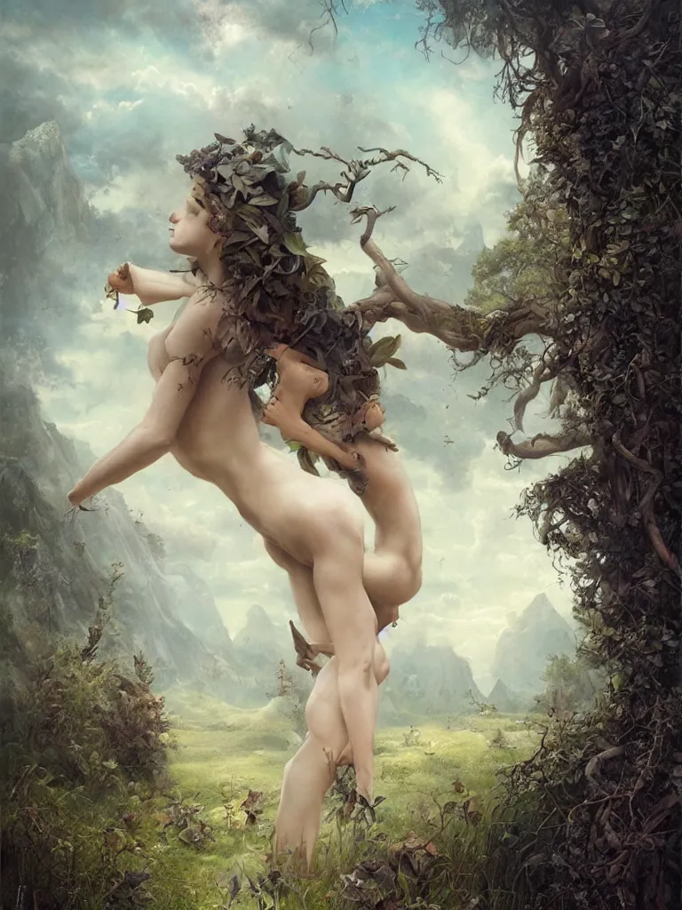 Image similar to a beautiful lush landscape of a the most beautiful satyr in a field are of broken stone words, hyperrealistic, award-winning, masterpiece, in the style of Tom Bagshaw, Cedric Peyravernay, Peter Mohrbacher