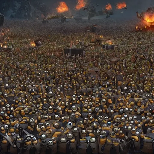 Prompt: POV of one hundred minions chasing you. The minions are carrying torches and pitchforks. The minions are angry. concept art, sharp lighting, 4k, detailed, Peter Jackson, Ridley Scott, bright colors
