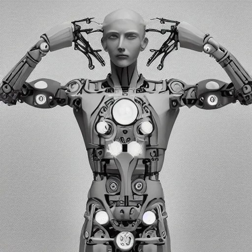 Image similar to beautiful centered fine art photo of vitruvian man as a solarpunk robotic humanoid, white mechanical parts with led lights, bouguereau style pose, photorealistic, white background, highly detailed and intricate, soft box lighting, hdr 8 k