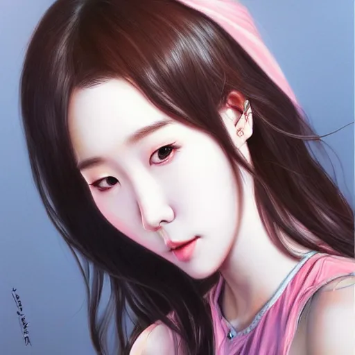 Image similar to IU, Korean Idol, Korean Artist, very detailed, digital art, concept art, studio quality, ethereal, art style by artgerm