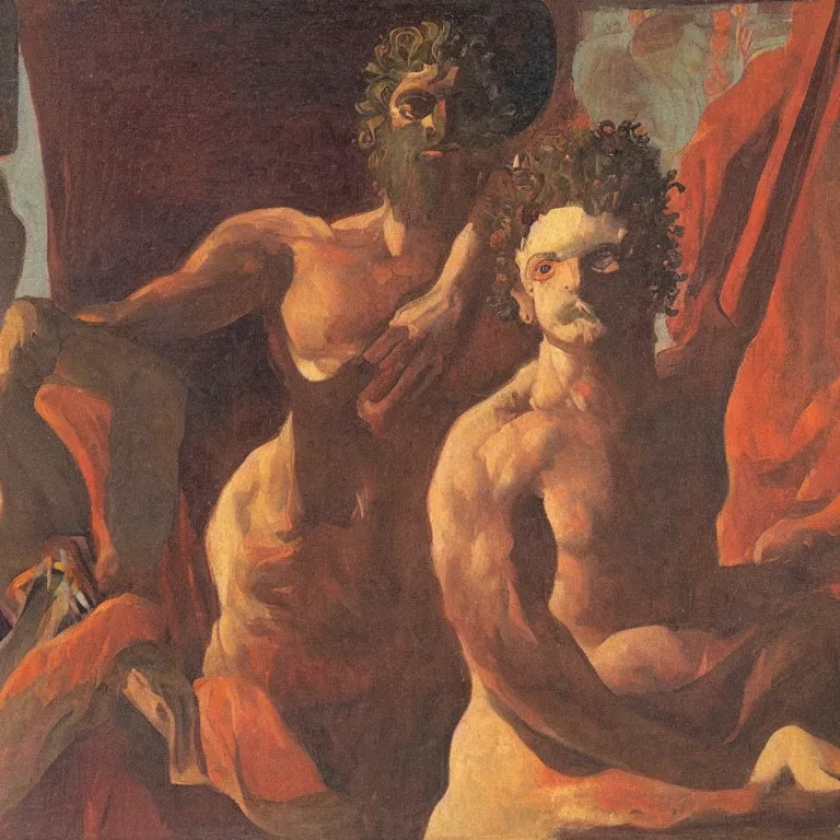 Prompt: portrait of Dionysus, the Greek god of wine, making eye contact with his partner across the room by 20th-century artist Francis Bacon