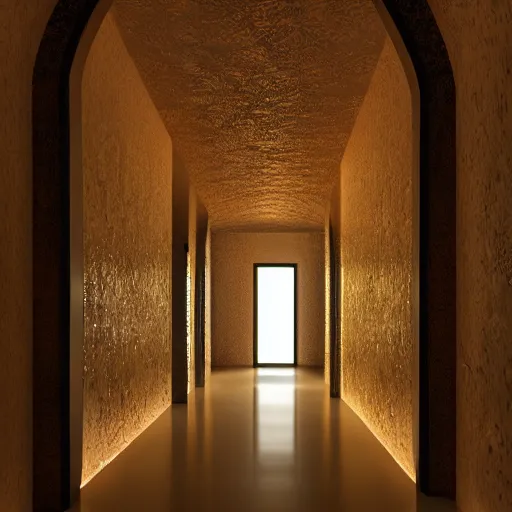 Prompt: a dark and recursive hallway with many doors, with a heavenly glow