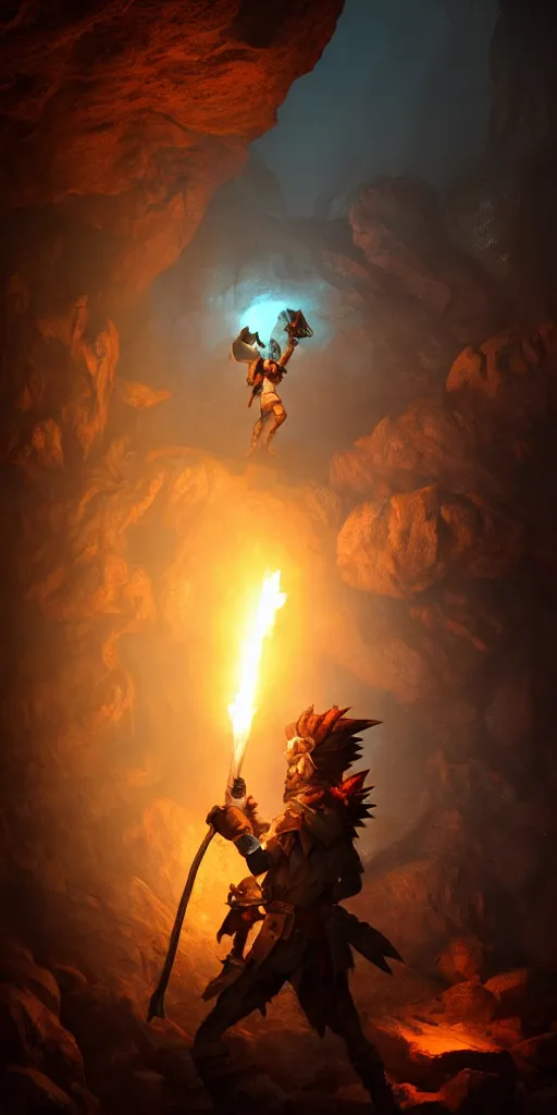 Image similar to a epic hero adventurer holding a torch in a dark cave, fantsy, concept art, artgerm, monster hunter world, 8 k realistic, radiant light, frostbite 3 engine, dof, cryengine, digital art, detailed background