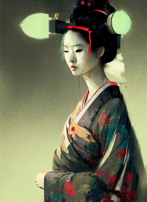 Image similar to female geisha girl, beautiful face, neon, rule of thirds, intricate outfit, spotlight, by greg rutkowski, by jeremy mann, digital painting