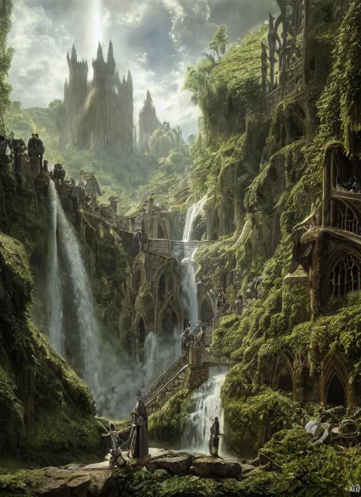 Image similar to medieval adventurers in lord of the rings scenery landscape, inside an enormous overgrown cathedral, waterfall, reflections, magic portal in the sky, highly detailed, cinematic lighting, perfect composition, 4 k, gustave dore, derek zabrocki, greg rutkowski, belsinski, octane render, cgi