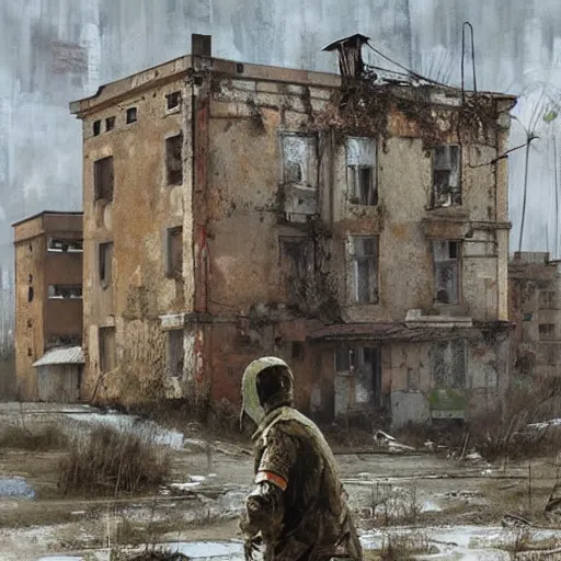 Image similar to painting of a abandoned post soviet town infested with humanoid root monsters by jakub rozalski