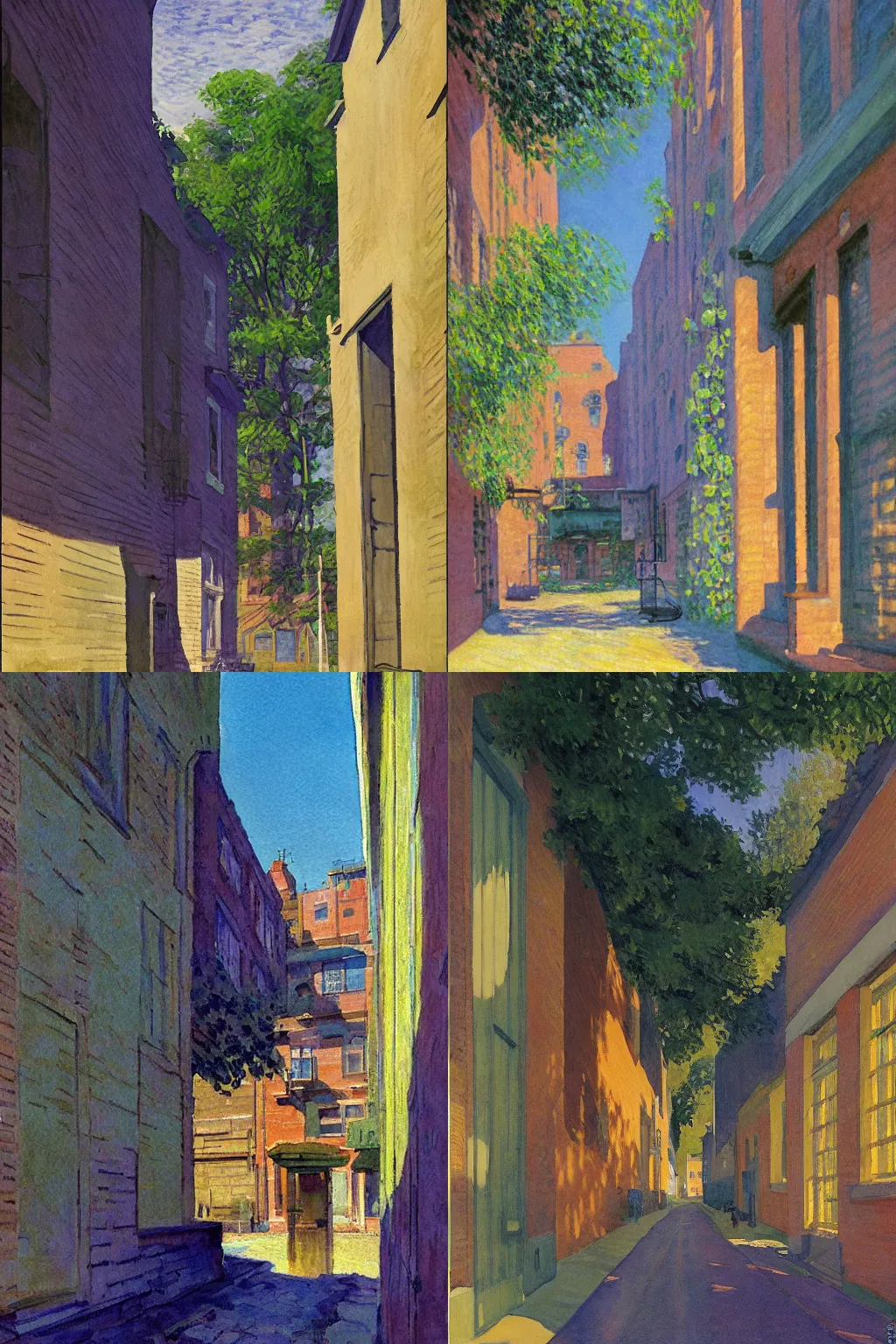 Prompt: grand river watercolor andrew henderson, impressionist watercolor strokes painting by Claude Monet, surrealist Croatian alleyway in the purple night by Edward Hopper, by Dean Ellis, by Jean Giraud, 1942, fisheye lens