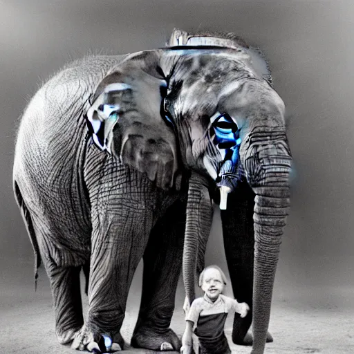 Image similar to a highly detailed photo by annie leibowitz of a small boy standing next to an elephant with an extremely long trunk