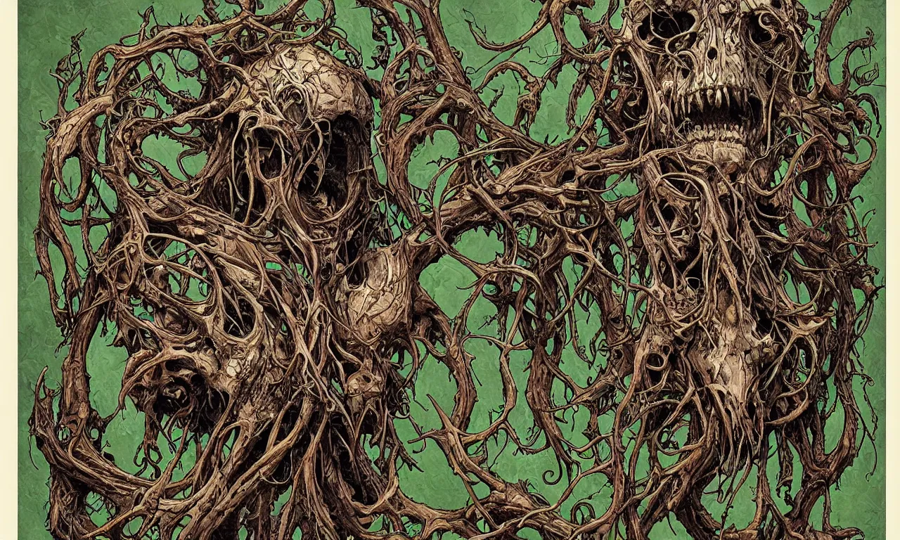 Image similar to hyperdetailed art nouveau portrait of treebeard as a cthulhu eyeball skull wendigo cryptid, by geof darrow, simon bisley and bill sienkiewicz, grim yet sparkling atmosphere, photorealism, claws, skeleton, antlers, fangs, forest, wild, crazy, horror, lynn varley, lovern kindzierski, steve oliff