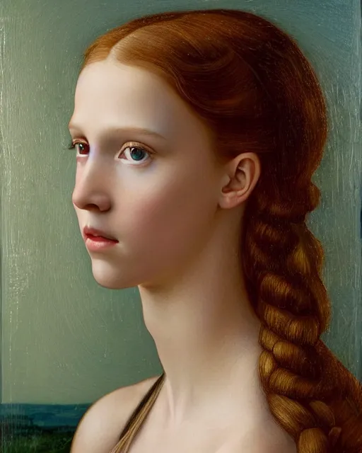 Image similar to a window - lit realistic portrait painting of a thoughtful girl resembling a young, shy, redheaded alicia vikander or millie bobby brown as an ornately dressed princess from the latest star wars movie, highly detailed, intricate, by leonardo davinci and boticelli