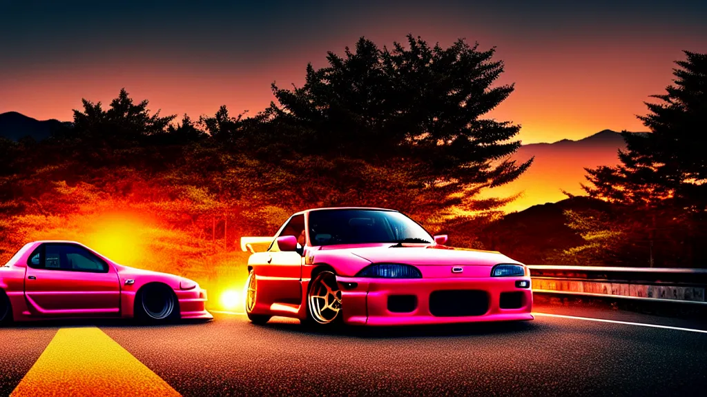 Image similar to a car drift spec mazda fc3s rx7 in middle of road, gunma prefecture, city sunset night, cinematic color, photorealistic, highly detailed