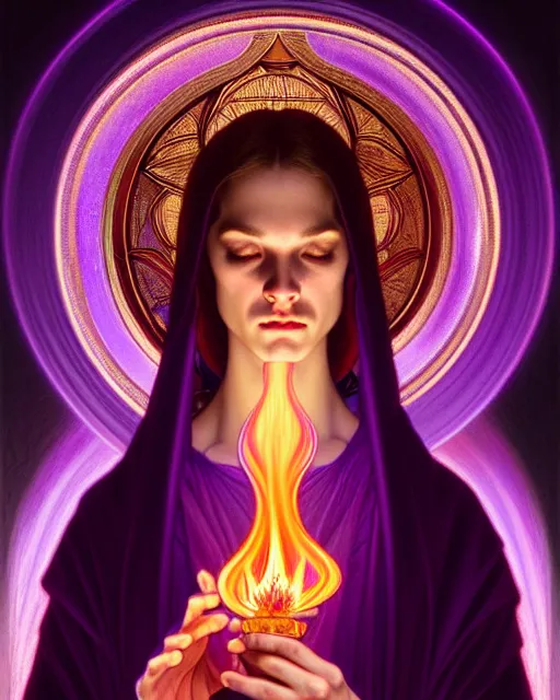 Prompt: violet fire, portrait of saint germain holding a violet colored flame, purple fire, intricate, elegant, highly detailed, digital painting, artstation, concept art, smooth, sharp focus, illustration, art by artgerm and greg rutkowski and fra angelico and alphons mucha