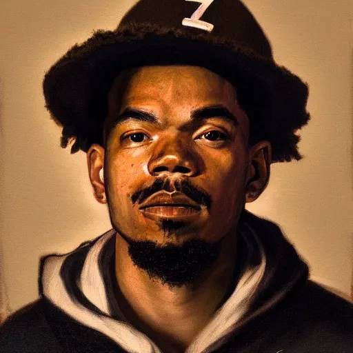 Prompt: a portrait painting of chance the rapper, in the style of rembrandt & caravaggio, chiaroscuro lighting