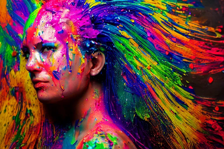 Image similar to a highly detailed cinematic headshot portrait photograph of a woman with a liquid paint headdress, with rainbow paint splash, melting smoothly into other faces, liquid, ultra realistic, beautiful rim lighting, by richard avedon and annie leibovitz and arnold newman, photorealistic, hyperrealistic, octane, high speed camera, zeiss lens, sharp focus, paint splash