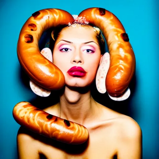 Image similar to a portrait of a beautiful fashion model that curls her hair using hot dogs. surreal photograph, toiletpaper magazine, 3 5 mm photograph, colourful, by pierpaolo ferrari, maurizio cattelan