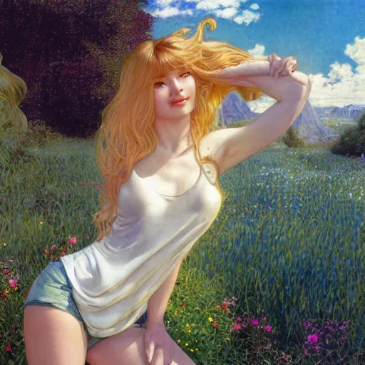 Image similar to A young woman with blonde long hair and bangs in shorts and white shirt drawn by Donato Giancola and Robert McGinnis and Julie Bell and frank frazetta and alphonse mucha, background by James Jean and gustav klimt, 4k, sunny day, volumetric lighting, french nouveau, trending on artstation, octane render, hyperrealistic