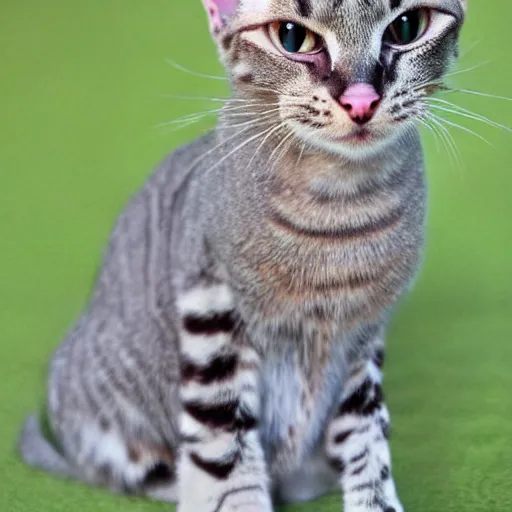 Prompt: cute greyish brown tabby cat mix with (((light green eyes))), white nose bridge, (((pink nose))), slightly weird, mixed with a margay